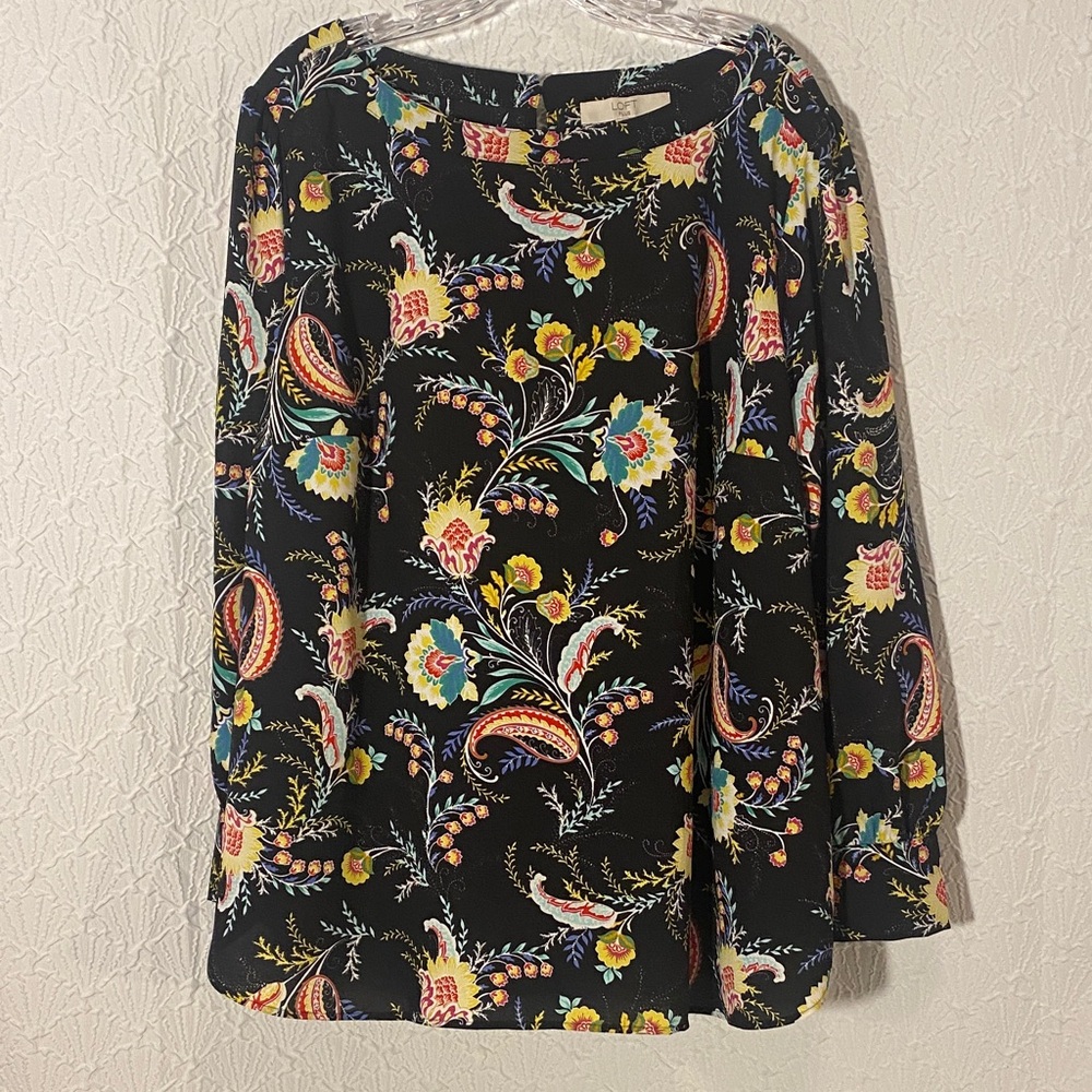 LOFT Black Moody Floral Women's Blouse Plus Size Delicate Free Flowing Mistical